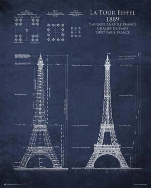 Eiffel Tower 1889 Blueprint Art Print Poster 24x30 inch
