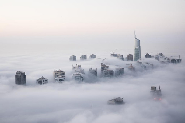 Laminated Dubai Skyscrapers Above Fog Building Skyline Photo Poster Dry Erase Sign 18x12