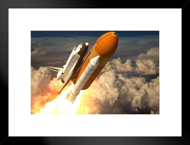 Space Shuttle Launch Blasting Through Clouds Rendering Photo Matted Framed Wall Art Print 26x20 inch