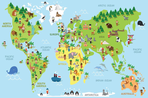 Cartoon World Map Children Animals Monuments Educational Travel World Map with Cities in Detail Map Posters for Wall Map Art Wall Decor Geographical Illustration Cool Huge Large Giant Poster Art 54x36
