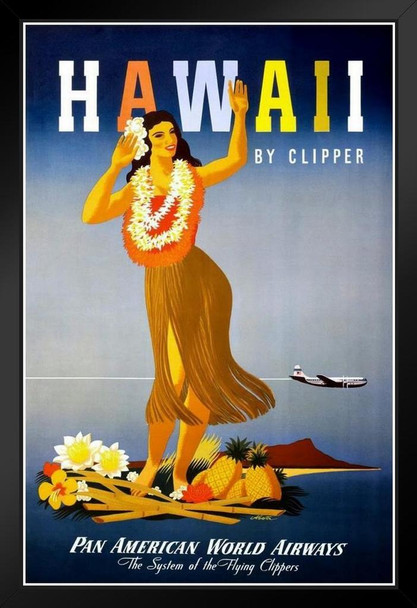 Hawaii by Clipper Hula Girl Vintage Travel Print Beach Sunset Palm Landscape Pictures Ocean Scenic Scenery Tropical Nature Photography Paradise Scenes Black Wood Framed Art Poster 14x20