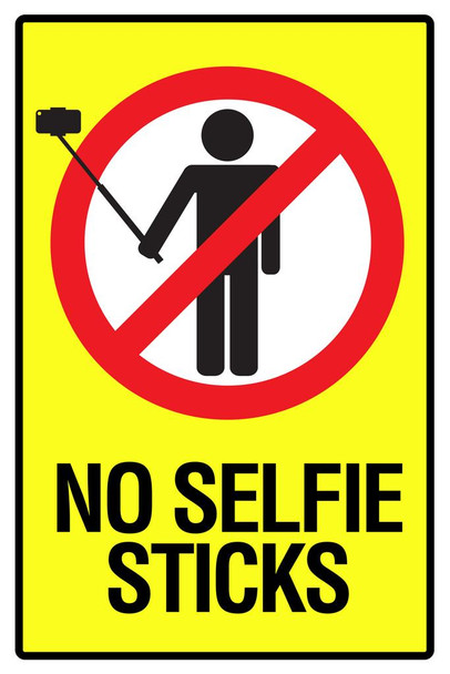 Warning Sign No Selfie Sticks Selfies Self Portraits Phone Photo Social Networking Sign Yellow Alert Cool Wall Art Print Poster 24x36