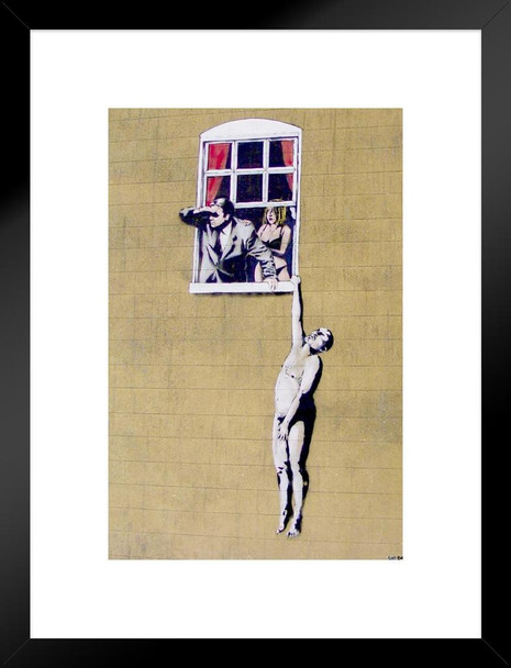 Banksy Naked Man Hanging From Window Graffiti Stencil Street Art Urban Spray Paint Matted Framed Poster 20x26 inch