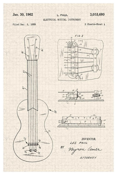 Les Paul Electric Guitar Pickup Sketch Official Patent Diagram Cool Wall Decor Art Print Poster 24x36