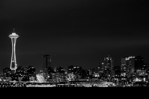Laminated Belltown Neighborhood of Seattle Washington and Space Needle B&W Photo Art Print Poster Dry Erase Wall Art 18x12