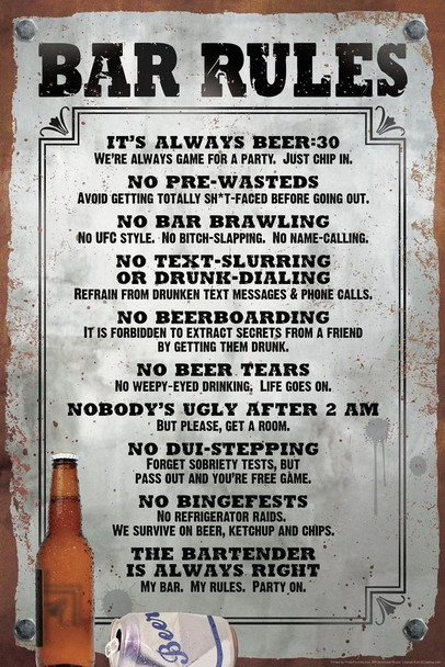 Laminated Bar Rules Funny Poster Dry Erase Sign 12x18