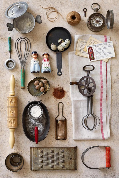 Laminated Vintage Kitchen Baking Tools Photo Art Print Poster Dry Erase Sign 12x18