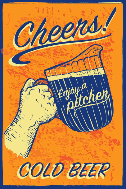 Laminated Cheers Enjoy a Pitcher of Cold Beer Retro Art Print Poster Dry Erase Sign 12x18