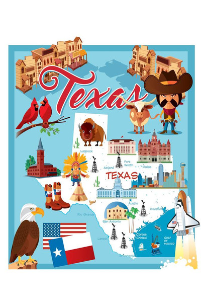 Laminated Illustrated Map of TEXAS Art Print Poster Dry Erase Sign 12x18