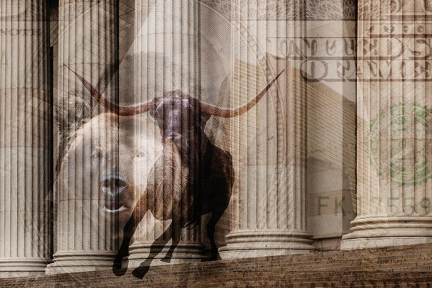 Laminated Bull Bear Money Wall Street Stock Exchange Columns Finance Artwork Boardroom Investor Investing Market Photo Photograph Poster Dry Erase Sign 18x12