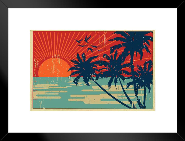 Tropical Island Palm Trees Sunset Vintage Postcard Matted Framed Wall Art Print 26x20 inch