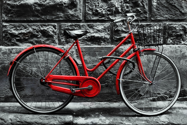 Retro Vintage Red Bike Leaning Against Block Wall Black And White Photo b&w bicycle old fashioned cycle tricycle chain pedal transportation stone brick Cool Wall Decor Art Print Poster 18x12