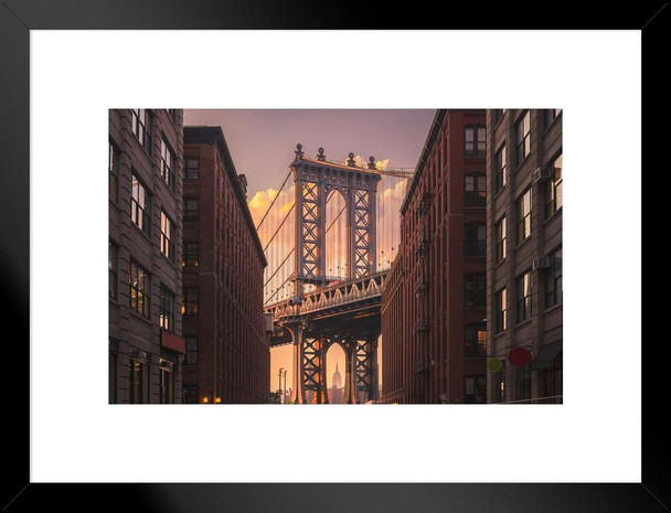 Manhattan Bridge Downtown Brooklyn Sunset Photo Matted Framed Wall Art Print 26x20 inch
