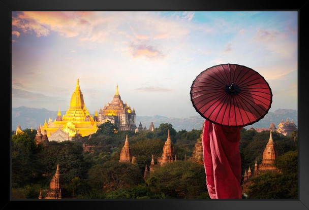 Monk Red Umbrella Temples Bagan Mandalay Myanmar Landscape Photo Black Wood Framed Art Poster 20x14