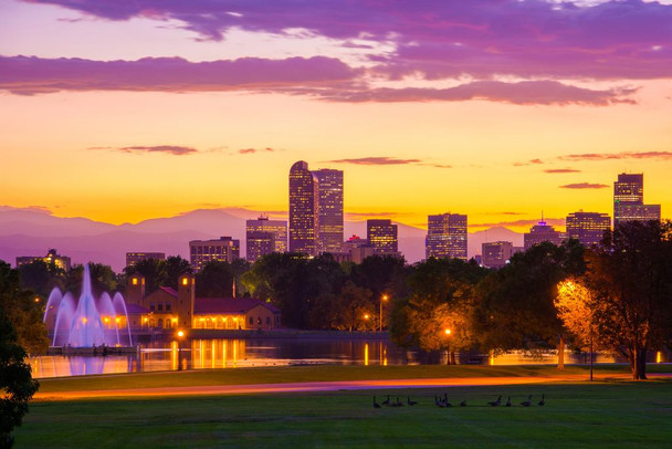 Sunset City Park Denver Colorado Skyline Colorful Mountains Photo Cool Wall Decor Art Print Poster 36x24