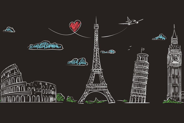 European Landmarks London Rome Paris Chalkboard Sketch Art Cool Huge Large Giant Poster Art 54x36