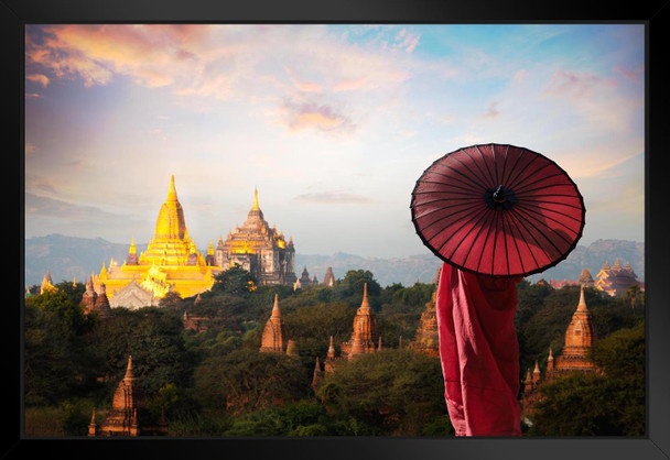 Monk Red Umbrella Temples Bagan Mandalay Myanmar Landscape Photo Matted Framed Wall Art Print 26x20 inch