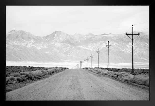 Lone Road Power Lines Leading To San Juan Mountain Range Black And White Photo Black Wood Framed Art Poster 20x14
