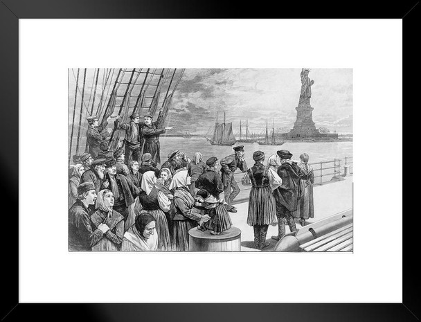 Immigrants Arriving In New York City Statue Of Liberty 1887 Engraving Matted Framed Art Print Wall Decor 26x20 inch