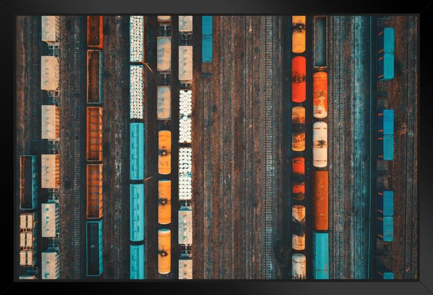 Colorful Freight Trains Car At Railway Station Aerial View Black Wood Framed Poster 20x14