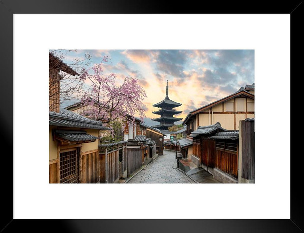 Yasaka Pagoda Sannen Zaka Street Cherry Blossom Kyoto Japan Photo Matted Framed Art Print Wall Decor 26x20 inch