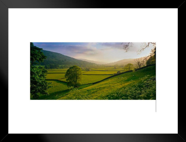 Rolling Hills And Pastures In Rural Yorkshire Landscape Photo Matted Framed Wall Art Print 26x20 inch