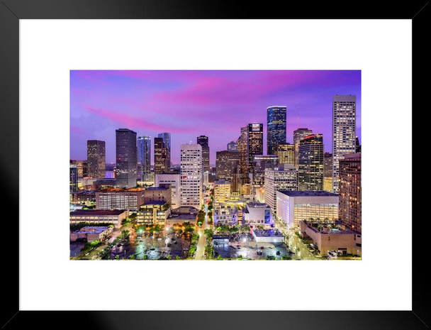 Houston Texas Downtown Buildings Sunset Skyline Photo Matted Framed Wall Art Print 26x20 inch