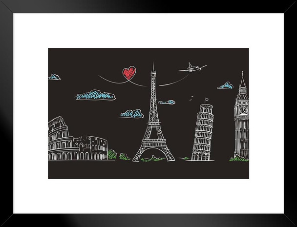 European Landmarks London Rome Paris Chalkboard Sketch Art Matted Framed Wall Art Print 26x20 inch