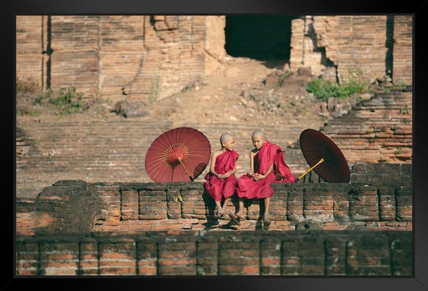 Little Monks Red Umbrella Outside Temple Mingun Pahtodawgyi Photo Black Wood Framed Art Poster 20x14