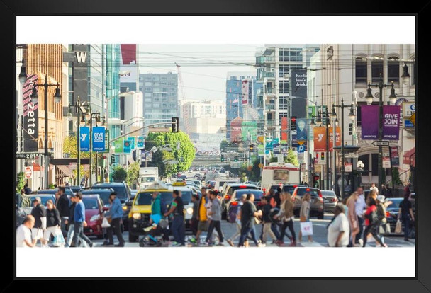 Downtown San Francisco California People Crossing Street Photo Black Wood Framed Art Poster 20x14