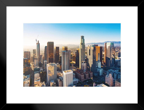 Downtown Los Angeles City Skyline Sunset Aerial Photo Beach Palm Landscape Pictures Ocean Scenic Scenery Tropical Nature Photography Paradise Scenes Matted Framed Art Wall Decor 26x20