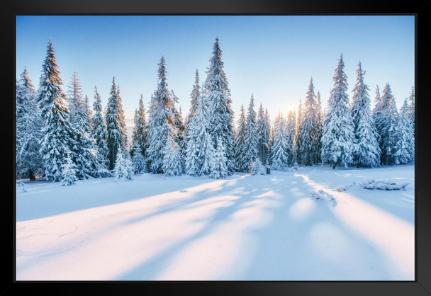 Magical Snowy Sunset Winter Forest Landscape Photo Matted Framed Wall Art Print 26x20 inch