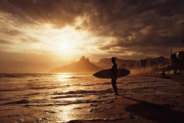 Laminated Surfer On Ipanema Beach Sunset Rio De Janeiro Brazil Poster Dry Erase Sign 18x12