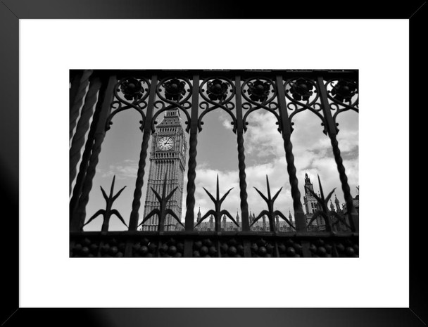 What Lies Beyond Big Ben Through Iron Gate London Black And White Photo Matted Framed Wall Art Print 26x20 inch