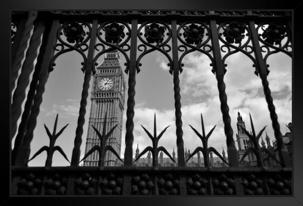 What Lies Beyond Big Ben Through Iron Gate London Black And White Photo Black Wood Framed Art Poster 20x14