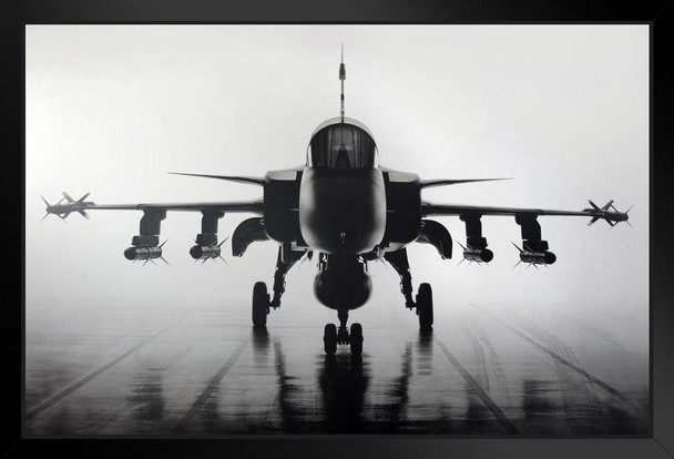 Fighter Jet Military Aircraft Front Carrier Deck Black And White Photo Black Wood Framed Art Poster 20x14