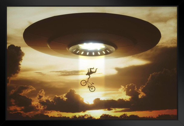 Alien UFO Flying Saucer Human Biker Abduction Digital Rendering Photo Matted Framed Wall Art Print 26x20 inch