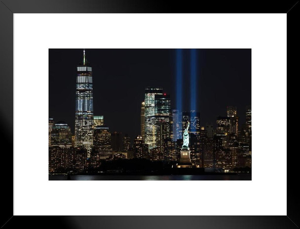 9 11 Memorial Beacons Statue of Liberty Lower Manhattan New York City Matted Framed Wall Art Print 26x20 inch