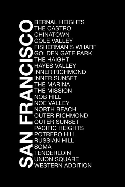 Laminated Neighborhoods San Francisco Chinatown Fishermans Wharf Nob Hill SOMA Union Square Black Word Art Poster Dry Erase Sign 12x18