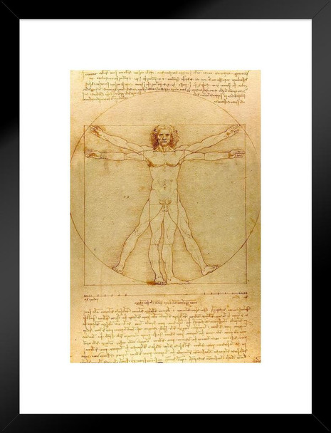Leonardo Da Vinci Vitruvian Man Poster Drawing Circa 1490 Human Body Sketch Renaissance Italy Matted Framed Art Wall Decor 20x26
