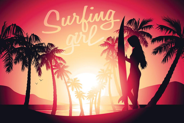 Laminated Surfing Girl Sunset Tropical Beach Rendering Poster Dry Erase Sign 18x12