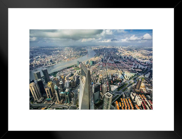Aerial View Shanghai World Financial Center and Shanghai Skyline Photo Matted Framed Art Print Wall Decor 26x20 inch