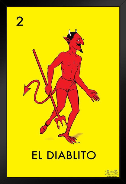 02 El Diablito Devil Loteria Card Mexican Bingo Poster Mexico Lottery Red Devil With Pitchfork Evil Card Set Black Wood Framed Art Poster 14x20