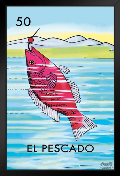 50 El Pescado Fish Loteria Card Mexican Bingo Lottery Cool Fish Poster Aquatic Wall Decor Fish Pictures Wall Art Underwater Picture of Fish for Wall Wildlife Black Wood Framed Art Poster 14x20