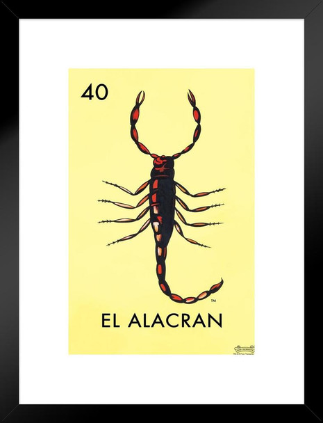 40 El Alacran Scorpion Loteria Card Mexican Bingo Lottery Day Of Dead Dia Los Muertos Decorations Mexico Insect Spider Poison Party Spanish Native Sign Matted Framed Art Wall Decor 20x26
