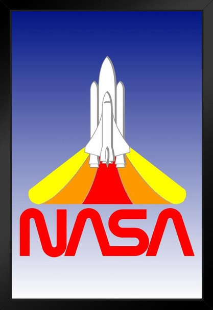 NASA Shuttle Retro Blast Off Worm Logo Black Wood Framed Poster 14x20