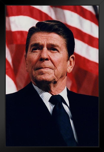 Ronald Reagan American Flag Photo Black Wood Framed Poster 14x20