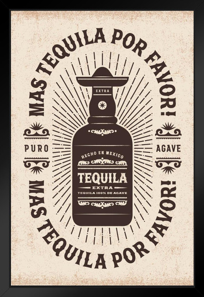 Mas Tequila Por Favor More Tequila Please Puro Agave Vintage Retro Typography Black Wood Framed Poster 14x20