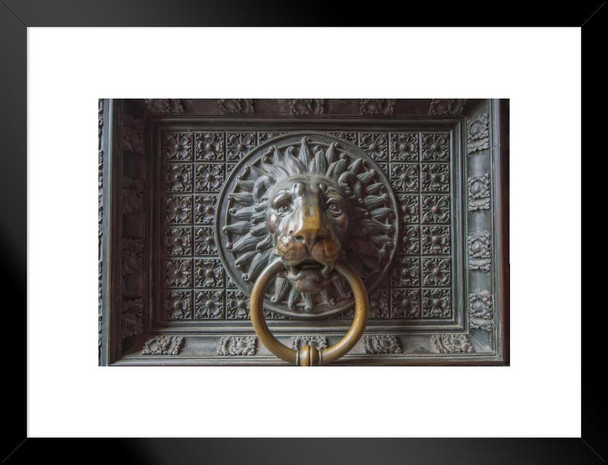 Detail of Lion Door Knocker Doorknob Cologne Cathedral Germany Photo Matted Framed Art Print Wall Decor 26x20 inch