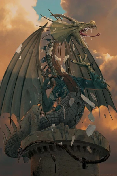 Laminated The Awakening Green Dragon on Tower by Vincent Hie Fantasy Art Print Poster Dry Erase Wall Art 12x18